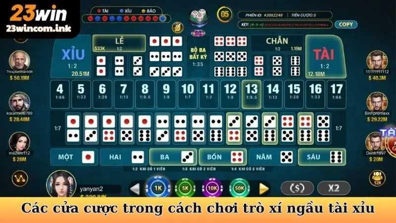Các cửa cược trong cách chơi trò xí ngầu tài xỉu